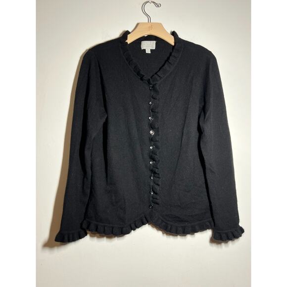Pure Collection Women's EUC Black 100% Cashmere Ruffle Cardigan Sweater 14/16 US - Picture 1 of 6